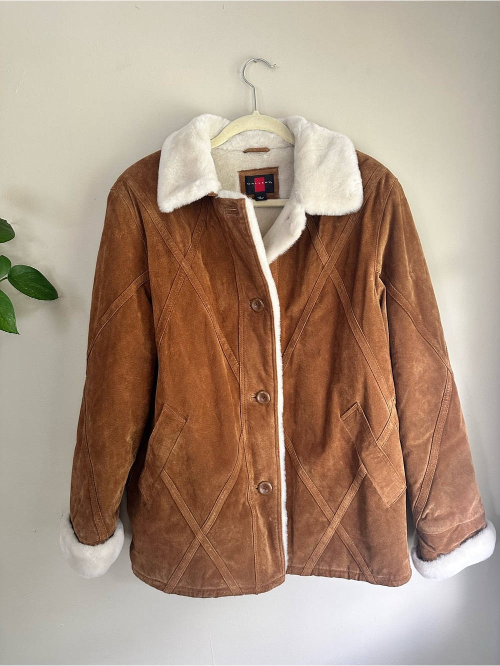 Vintage Gallery Genuine Brown Leather Suede Teddy Jacket White Faux Shearling